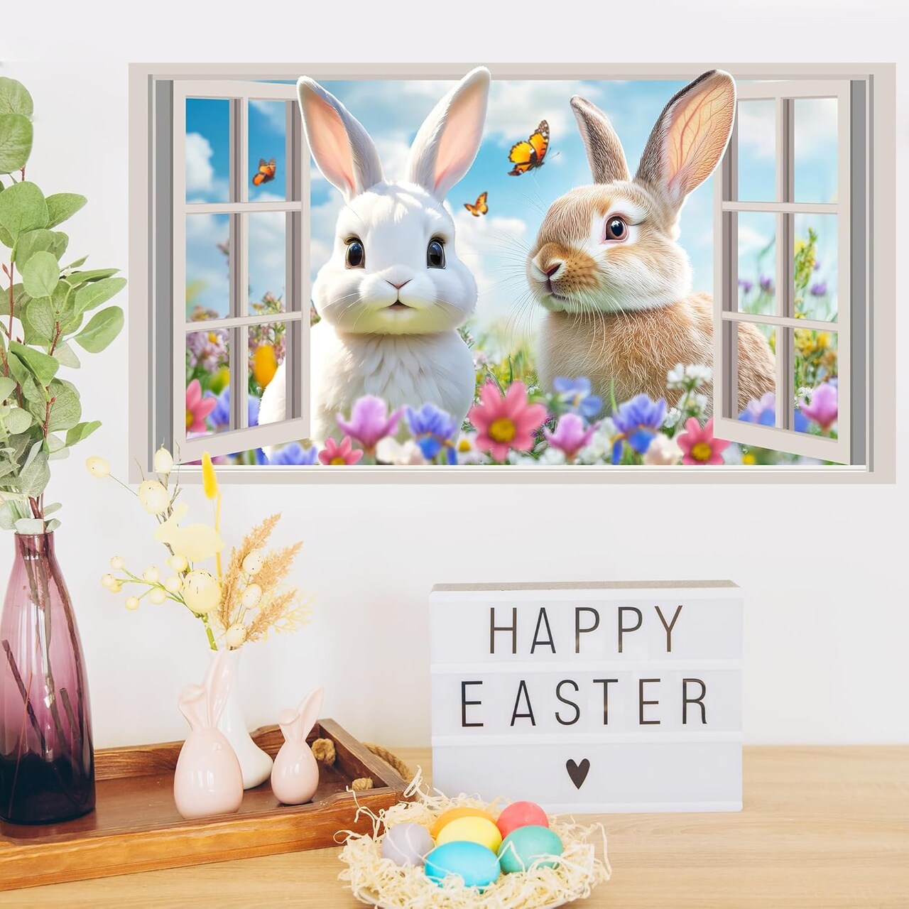 Easter Decoration Stickers for Wall Easter Bunny Wall Decals Peel and Stick 3D Fake Window Spring Wall Sticker Natural Landscape Wall Decals Flowers Rabbit Wall Art Murals for Living Room Nusery Decor